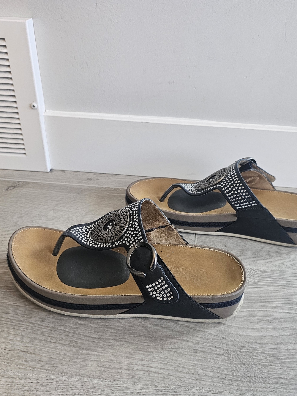 Rieker Black Embellished Women's Thong Sandals